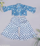Blue cotton floral printed top & sharara set for kids girls (12-5 years) - trendy Indian fashion for casual outings, playdates, and family gatherings