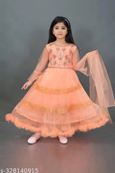 Unique zari-woven Art Silk Lehenga Choli for Girls, super net fabric with long sleeves and round neck. Beautiful festival or Puja special kid's dress from India