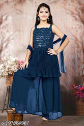 Blue Embroidered Georgette Girls Festive Top Plaza Set with Net Dupatta, Size 3-9 Years, KAVY FASHION