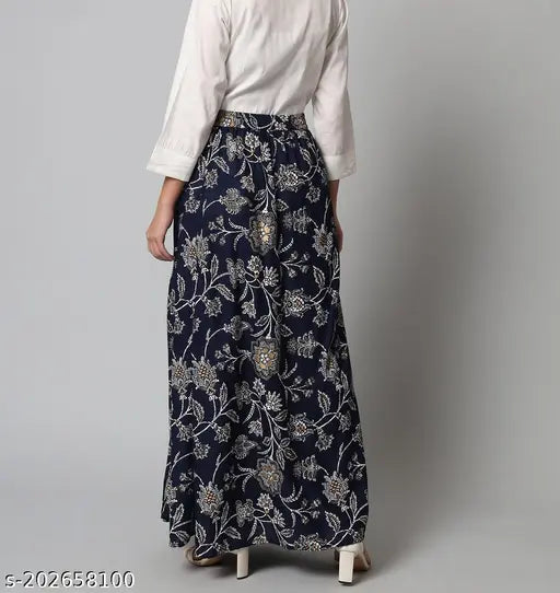 Floral print navy blue viscose rayon skirt, free size with 30-inch waist and 38-inch length from India