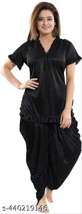 Black satin solid night suit set: Patiala top and pyjama for women and girls, soft and breathable fabric, loose fit with adjustable waist ties, wide-legged bottoms, elegant design, suitable for sleep or relaxation
