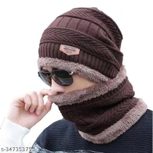 Woolen red unisex beanie cap & scarf, premium quality winter knit self-design
