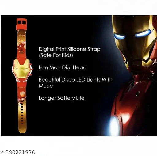Red & gold Iron Man digital watch for kids, featuring glowing display and disco lights with blinking accents, ideal for daily wear