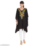 Black rayon embroidered kaftan top, short sleeves, Indian origin