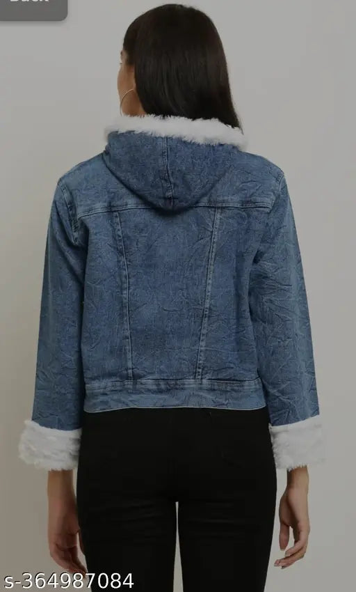 Blue denim cropped jacket with collar sleeves and fur trim - solid pattern, long sleeve, casual wear for women, made in India (size S: bust 36in, length 20in)