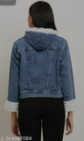 Blue denim cropped jacket with collar sleeves and fur trim - solid pattern, long sleeve, casual wear for women, made in India (size S: bust 36in, length 20in)