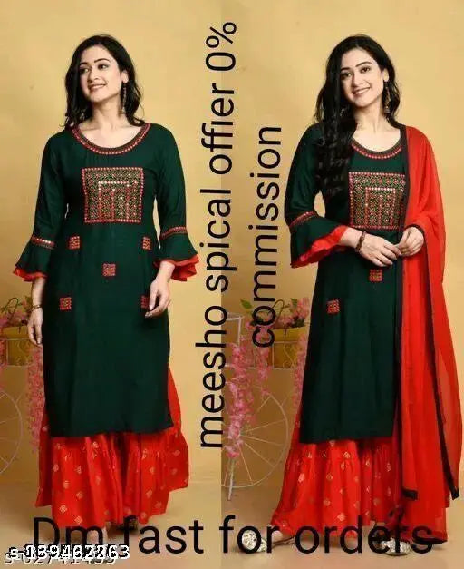 Rayon embroidered net kurti with dupatta and sharara, three-quarter sleeves for women in multiple sizes (M, L, XL, XXL), handcrafted in India