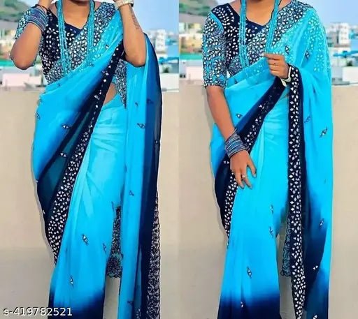 White Georgette embroidered double-shaded saree with mirror work, free size, Indian origin