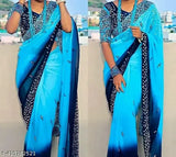 White Georgette embroidered double-shaded saree with mirror work, free size, Indian origin