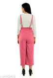 Pink cotton blend dungaree set with white t-shirt, trendy women's partywear in solid pattern, long sleeves, sizes S-XL (Bust: 34in - 40in)
