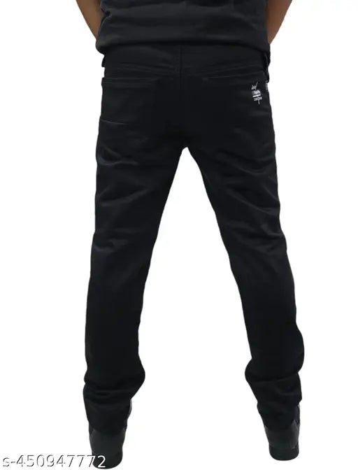 Cotton blend ZET BLACK men's jeans, regular fit, comfortable denim - solid black style, size 32/34/36 (waist 32/34/36, length 40in, hip 36/38/40)