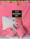 Multicolor floral embroidered cotton 5pc bedsheet set (King size bedsheet, 2 pillow covers, 2 cushion covers), ideal for summer, adult use