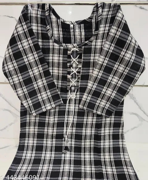 Black woolen checked kurti with three-quarter sleeves, stylish and single sized (M: bust 38in, length 40in), Indian origin