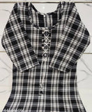 Black woolen checked kurti with three-quarter sleeves, stylish and single sized (M: bust 38in, length 40in), Indian origin