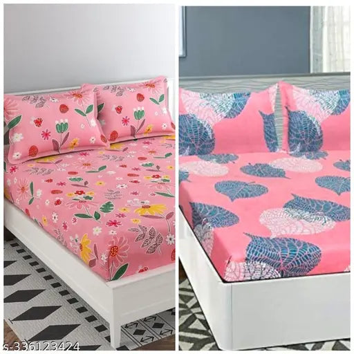 Shravya Premium King Size Cotton Blend Floral Fitted Bed Sheet, soft touch with 4 pillow covers, ideal for summer adult use (72x78 inches)