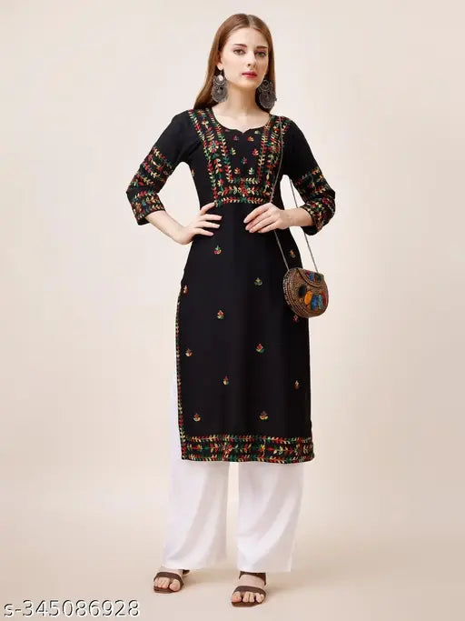 Black A-line floral embroidered rayon kurta plazzo set, Indian traditional women's wear with chikankari embroidery, single size S (36in bust)
