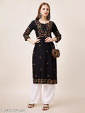 Black A-line floral embroidered rayon kurta plazzo set, Indian traditional women's wear with chikankari embroidery, single size S (36in bust)