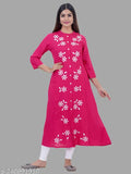 Pink Rayon Three-Quarter Sleeve Embroidered Party Kurta for Women, India origin