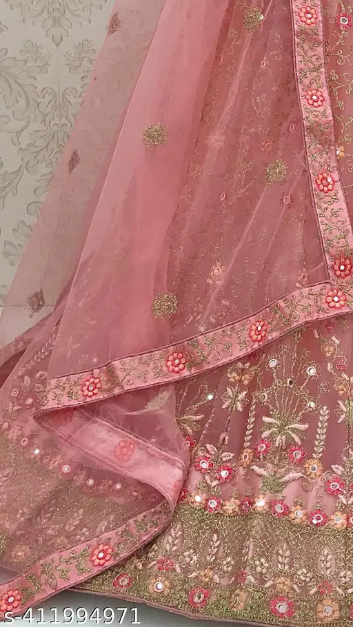 Embroidered net lehenga-choli set, free size with 42in waist and 43in length, Indian origin
