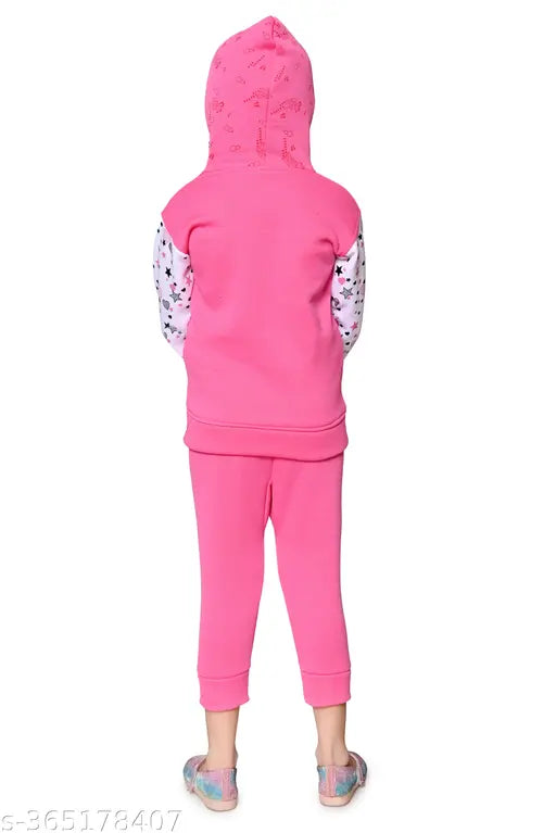Wool printed net hoodie & sweatpants for girls, warm winter wear set in soft pink