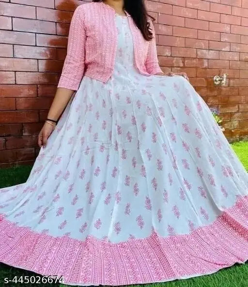 Pink rayon maxi dress with printed net pattern, long sleeves, Indian origin