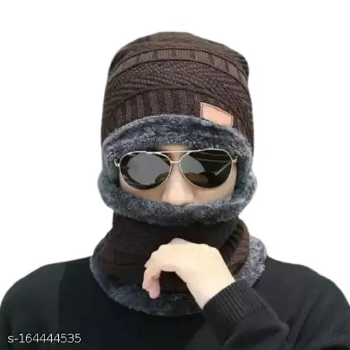 Comfortable wool men's capneck set (pack of two), soft and warm with fur lining, self-design pattern, onesize
