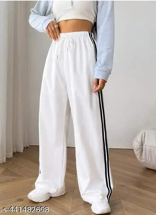 White cotton blend Tamina Women's striped jogger, featuring two pockets and elastic waistband, comfortable sleepwear from India