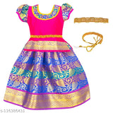 Brand new kids' Chanderi silk lehenga choli pattu pavadai, traditional Leheriya stitch with woven design and short sleeves