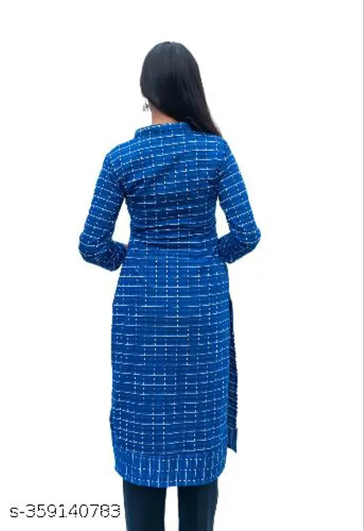 Blue woolen kurti for women, checked pattern, three-quarter sleeves, round collar, single side pocket - Anikrritis Indian winter wear