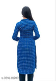 Blue woolen kurti for women, checked pattern, three-quarter sleeves, round collar, single side pocket - Anikrritis Indian winter wear