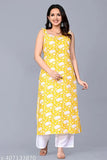 Yellow flower print cotton kurta with rayon palazzo, size S-XL, casual wear for women