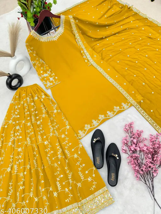 Fancy georgette top with full sleeve and matching sharara, heavy faux georgette with embroidery sequence work, India