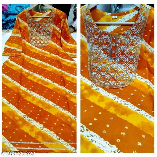 Yellow rayon kurti for haldi ceremony with orange lahariya print and embroidery work on neck, size M-XXXXL