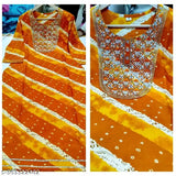 Yellow rayon kurti for haldi ceremony with orange lahariya print and embroidery work on neck, size M-XXXXL