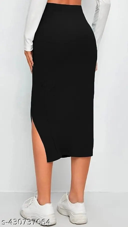 High-waisted black midi skirt with side slit, luxurious polyester lycra for comfort and durability. Perfect for versatile styling on various occasions, ideal for sizes 26-36. Black elastic pencil skirt with elegant side slit