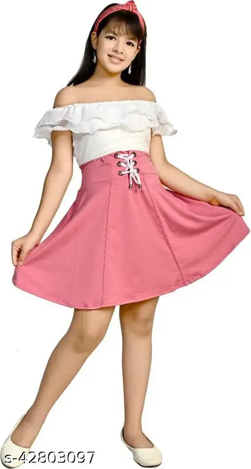 Multicolor girls dress pack, includes sizes for ages 7-12 years, cotton blend, short sleeves, pink and white knee-length fit and flare style, Indian origin