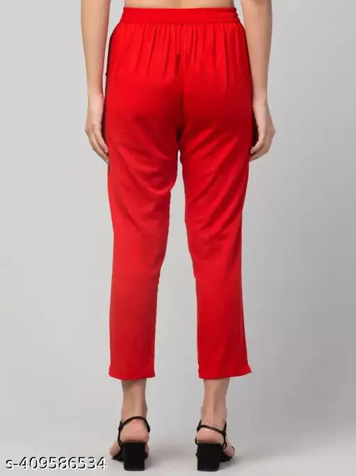Red cotton blend trousers for women, regular fit, solid pattern