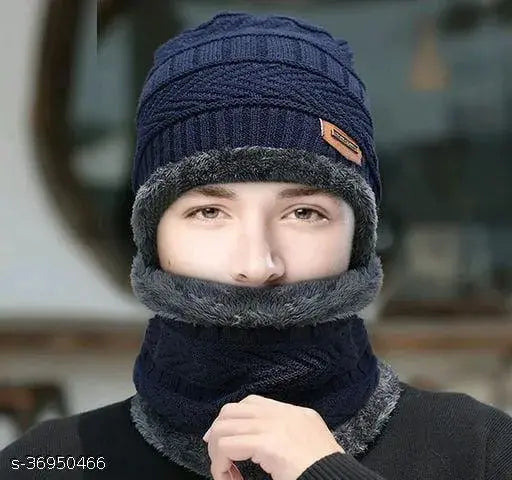 Indian-made unisex beanie cap with neck warmer, snow-proof wool-fleece lining, warm winter hat for men & women