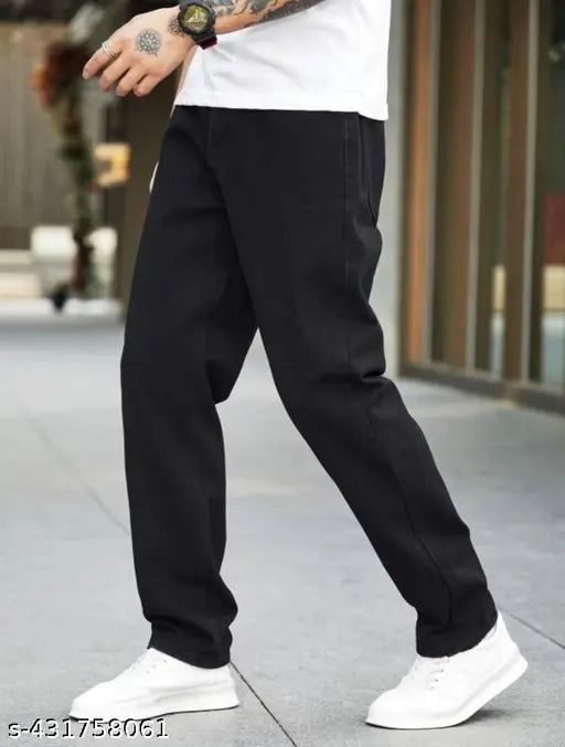 Black polycotton straight-fit ankle length jeans for men and boys, loose boot leg style