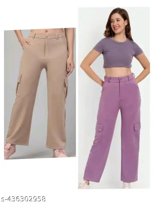 Stretchy Lycra cargo pants for women, solid color, adjustable waist, functional pockets, everyday wear