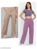 Stretchy Lycra cargo pants for women, solid color, adjustable waist, functional pockets, everyday wear