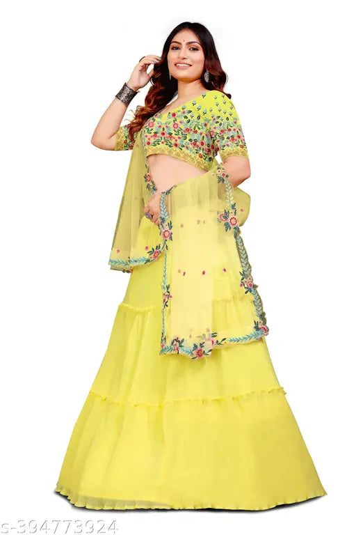 Embroidered georgette choli and net dupatta set, new designer heavy lehenga in semi-stitched size 44