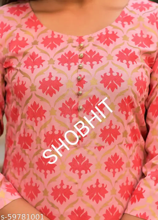 Attractive pink color gold print rayon kurta sets with palazzos, three-quarter sleeves, and no dupatta