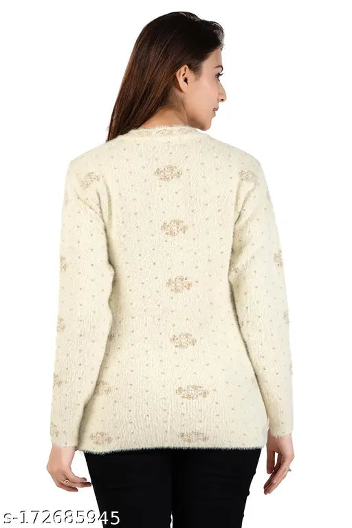 White rabbit-hair printed wool sweater for women, trendy baggy style with long sleeves