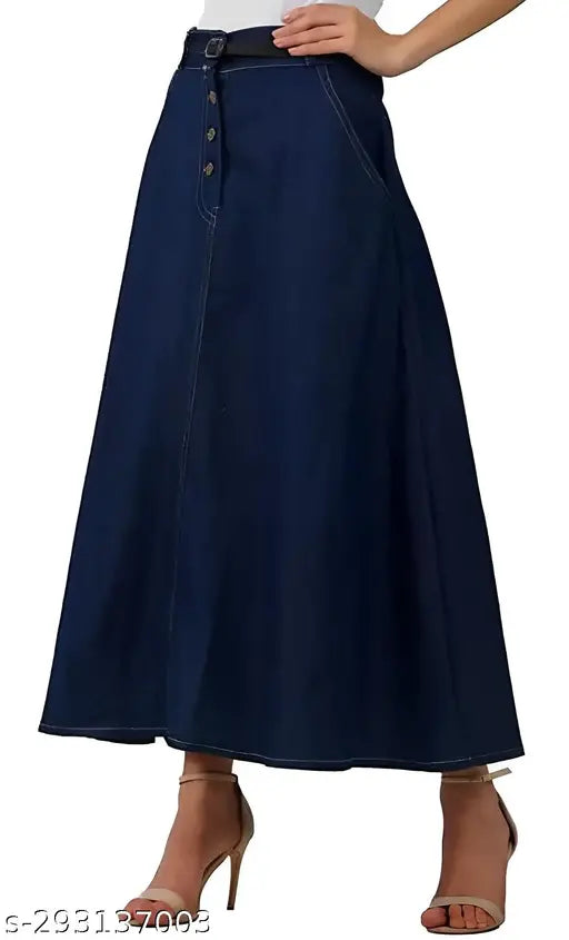 Denim A-line skirt without belt, high quality dobby fabric for flawless shape and all-day comfort. Solid pattern, Aksha Creation brand. Sizes: 28, 30, 32, 38 (waist 28in/30in/32in/38in, length 34in). India origin