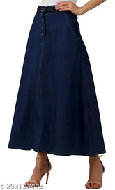 Denim A-line skirt without belt, high quality dobby fabric for flawless shape and all-day comfort. Solid pattern, Aksha Creation brand. Sizes: 28, 30, 32, 38 (waist 28in/30in/32in/38in, length 34in). India origin
