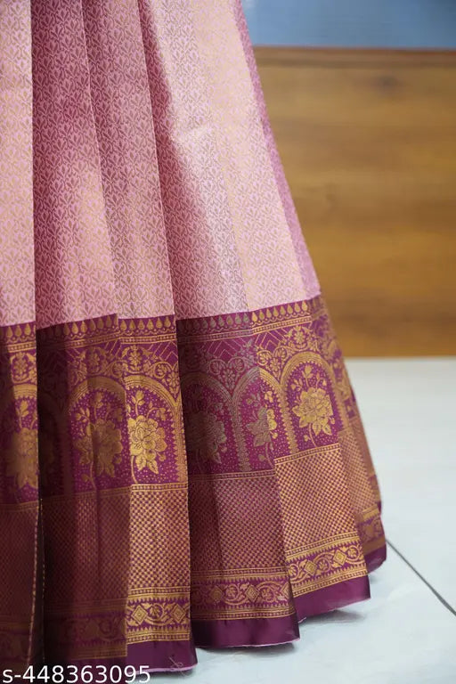 Golden Litchi Silk semi-stitched South Indian Festival saree with embroidered dupatta, featuring jacquard patterns and tussles