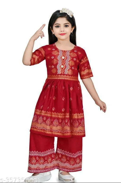 Red rayon anarkali palazzos set, Lovely Fashion Nyra printed party wear for girls ages 5-12 years