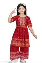 Red rayon anarkali palazzo sets with printed design for girls, 5-12 years, Indian fashion