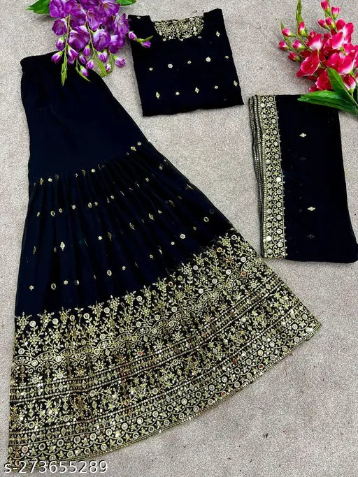 Embroidered Georgette Kurta Set with Sharara and Dupatta, heavy 5mm sequin work & mirror handwork, XL, Indian craftsmanship